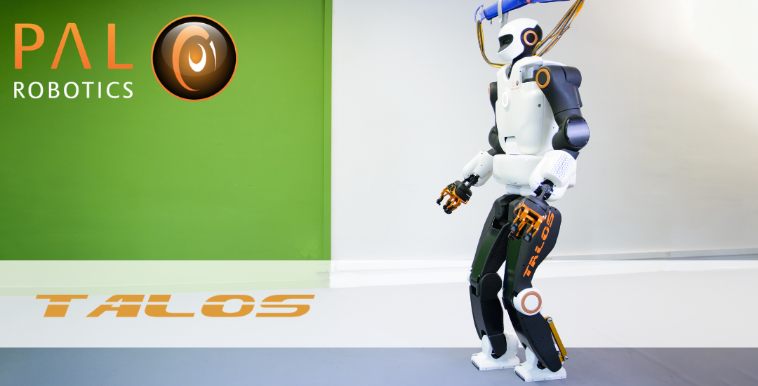 Humanoid robot navigating autonomously over rough terrain; spotlight on TALOS